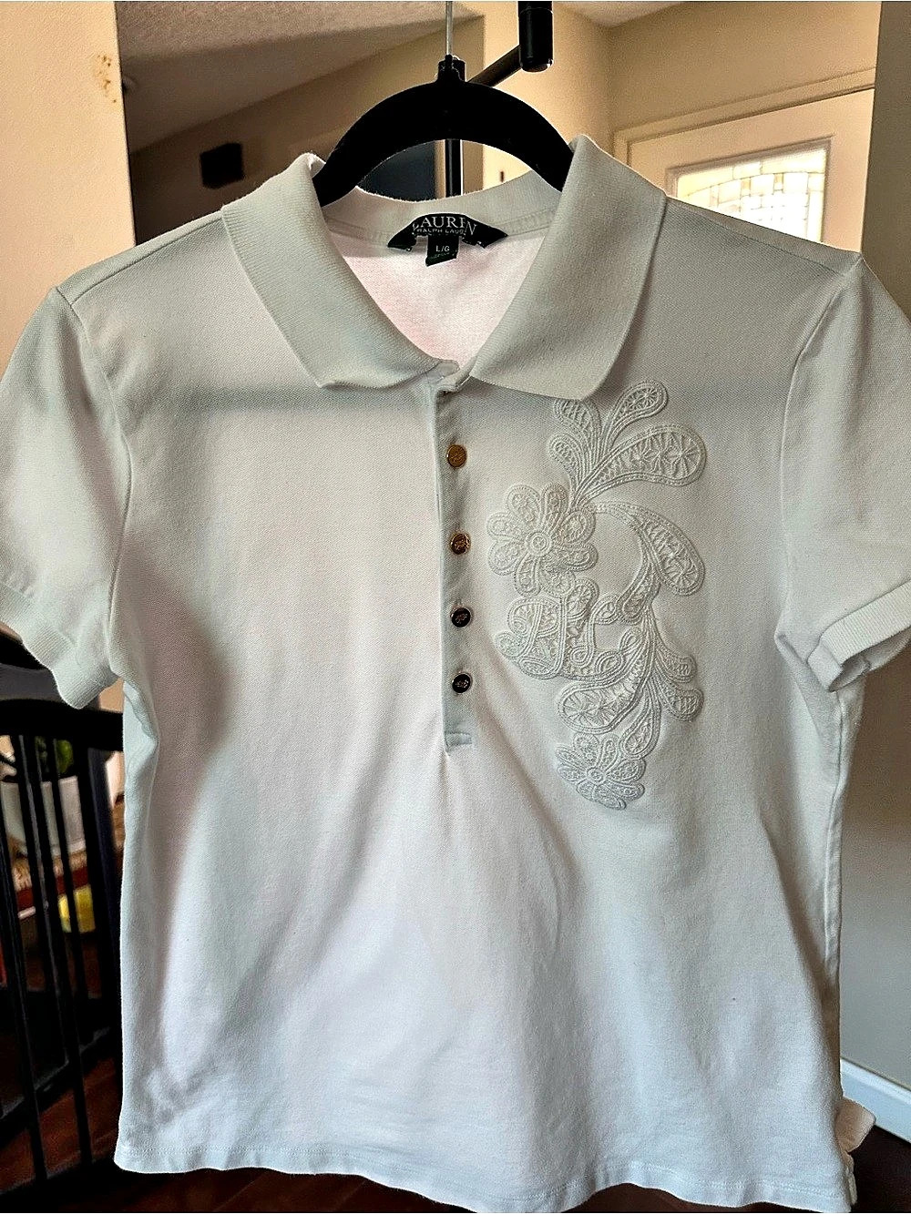 Lauren Ralph Lauren Embroidered Polo Top in White Large